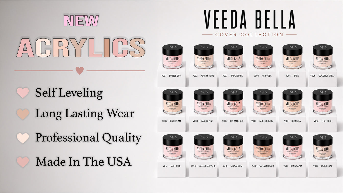Promotional graphic for Veeda Bella Cover Collection New Acrylic Paints, showing a grid of multiple small jars of pink and nude-colored acrylic powder on white stands against a light gray background, with marketing text on the left.